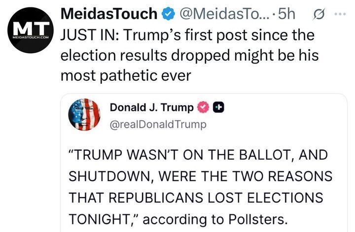 A tweet from MeidasTouch (@MeidasTouch) says:
“JUST IN: Trump’s first post since the election results dropped might be his most pathetic ever.”
It includes a screenshot of a post from Donald J. Trump (@realDonaldTrump) that reads:
“‘TRUMP WASN’T ON THE BALLOT, AND SHUTDOWN, WERE THE TWO REASONS THAT REPUBLICANS LOST ELECTIONS TONIGHT,’ according to Pollsters.”