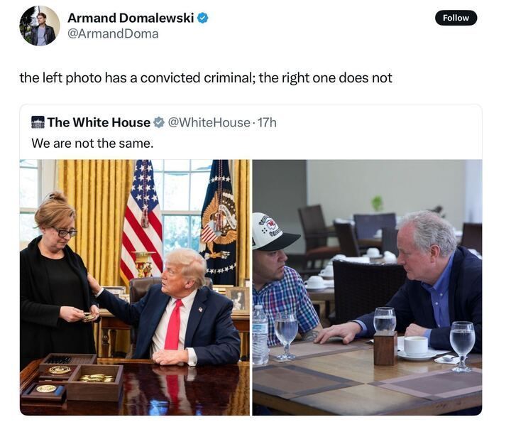 A post from Armand Domalewski (@ArmandDoma
) on X reads: "the left photo has a convicted criminal; the right one does not." Below, a quote from The White House (@WhiteHouse
), posted 17 hours ago, says: "We are not the same." The post includes two images: the left shows Donald Trump in a suit with a red tie, sitting at a desk with U.S. and presidential flags in the background, being handed an item by a woman in black; the right shows two men, one in a plaid shirt and white cap, sitting at an outdoor restaurant table with water glasses and a coffee cup, engaged in conversation.
