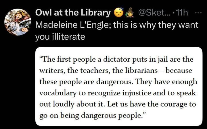 X post by Owl at the Library (@Sket ...), featuring a profile picture of an owl with a book and a 