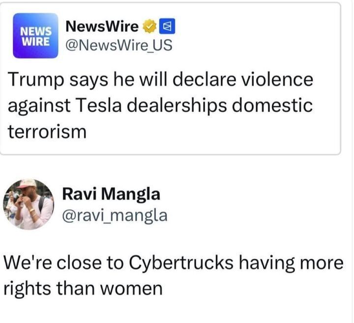X post conversation. The top post is from NewsWire (@NewsWire_US
), featuring a logo with the text "NEWSWIRE" and a verification badge. The text reads, "Trump says he will declare violence against Tesla dealerships domestic terrorism." Below this, there is a reply post from Ravi Mangla (@ravi_mangla
), showing a profile picture of a person wearing a cap and speaking into a microphone. The reply text reads, "We're close to Cybertrucks having more rights than women." The posts reflect a critical and satirical tone regarding a statement attributed to Trump and its implications.