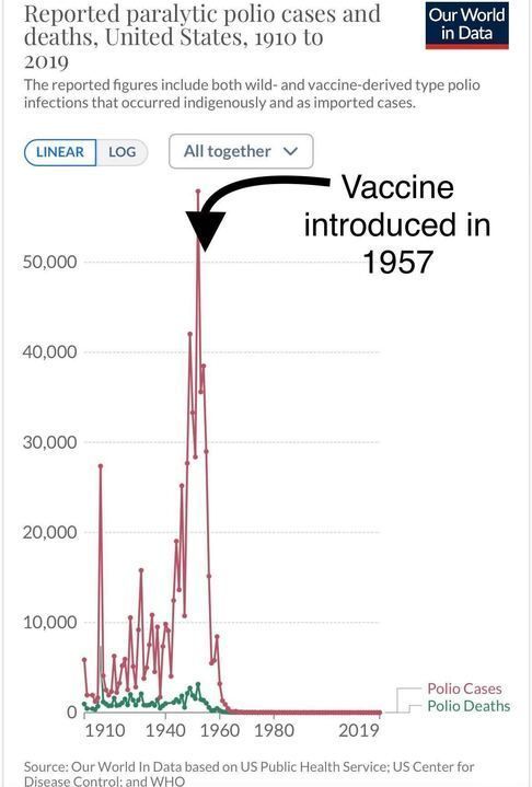 The image is a graph titled "Reported paralytic polio cases and deaths, United States, 1910 to 2019," from Our World in Data. It shows the annual number of polio cases (in red) and deaths (in green). A sharp decline in both cases and deaths occurs after the introduction of the polio vaccine in 1957, which is marked with an arrow labeled "Vaccine introduced in 1957." The graph illustrates the dramatic impact of vaccination on reducing polio cases and fatalities over time.