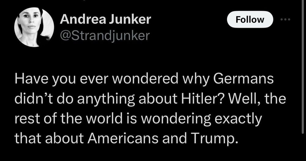 @Strandjunker: "Have you ever wondered why Germans didn’t do anything about Hitler? Well, the rest of the world is wondering exactly that about Americans and Trump."