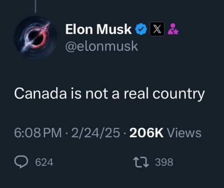 Tweet from Elon Musk says, "Canada is not a real country."