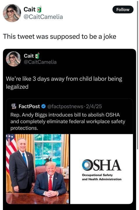 The image is a screenshot of a post on X by a user named Cait (@CaitCamelia
). The post reads: "This tweet was supposed to be a joke." Below this, there is a screenshot of another post by Cait (@CaitCamelia
) that reads: "We’re like 3 days away from child labor being legalized." Included in this post is an image from FactPost (@factpostnews
) dated 2/4/25, with the headline: "Rep. Andy Biggs introduces bill to abolish OSHA and completely eliminate federal workplace safety protections." The image shows two men in suits, one sitting at a desk and the other standing, with an American flag in the background, alongside the OSHA (Occupational Safety and Health Administration) logo. 
