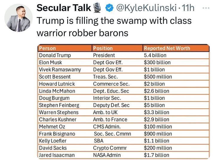Social media post by Secular Talk criticizing Trump for appointing wealthy individuals, featuring a table listing names, political positions, and reported net worths in millions and billions.