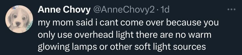Screenshot of a social post by '@AnneChovy2' that says: 'my mom said i cant come over because only use overhead light there are no warm glowing lamps or other soft light sources'
