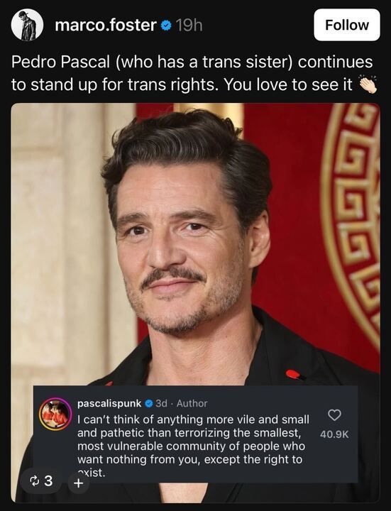 Social media post by marco.foster on Twitter, with the text: 'Pedro Pascal (who has a trans sister) continues to stand up for trans rights. You love to see it .' The post includes a photo of Pedro Pascal in a black suit with a red pin, standing against a red background with a gold circular design. Below the photo, there’s a quote from pascalispunk, posted 3 days ago, stating: 'I can’t think of anything more vile and small and pathetic than terrorizing the smallest, most vulnerable community, except of the people who want nothing from you, except the right to exist.'