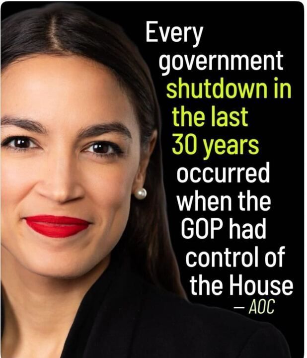 Photo of AOC with quote, “Every government shutdown in the last 30 years occurred when the GOP had control of the House.”