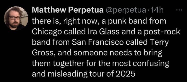 Post by user @perpetua says, "there is, right now, a punk band from Chicago called Ira Glass and a post-rock band from San Francisco called Terry Gross, and someone needs to bring them together for the most confusing and misleading tour of 2025."