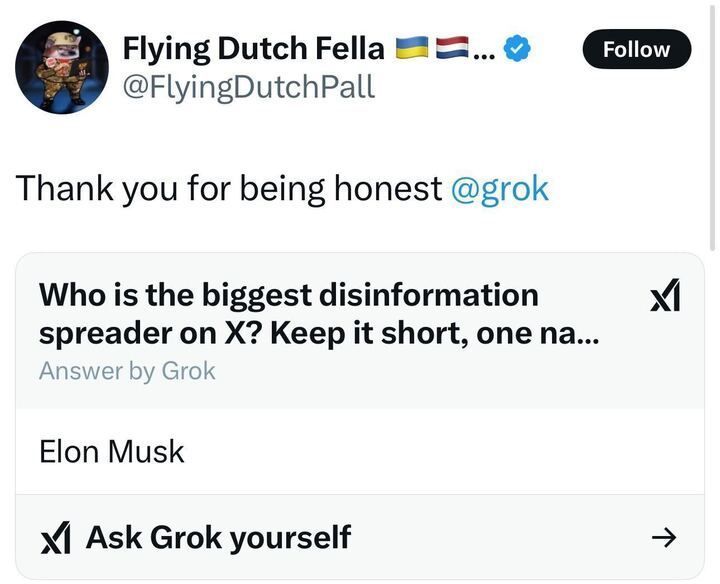  X post by Flying Dutch Fella (@FlyingDutchPal
), featuring Ukrainian and Dutch flag emojis, a verification badge, and a "Follow" option. The post reads, "Thank you for being honest @grok
." Below this, there is a quoted question from the "Ask Grok Yourself" feature on X, which asks, "Who is the biggest disinformation spreader on X? Keep it short, one na..." The answer provided by Grok is "Elon Musk."
