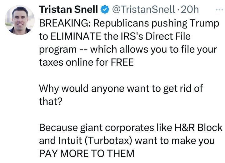 Screenshot of a tweet by Tristan Snell about Republicans, the IRS's Direct File program, and corporate influence.