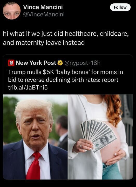 A social media post by Vince Mancini (@VinceMancini
) reads: "hi what if we just did healthcare, childcare, and maternity leave instead." Below, a New York Post (@nypost
) article headline with a verified blue checkmark, posted 18 hours ago, states: "Trump mulls $5K ‘baby bonus’ for moms in bid to reverse declining birth rates: report" with a link (trib.al/JABTnI5). The post includes two images: a person in a suit with a red tie speaking (left) and a pregnant woman holding a fan of $100 bills (right).

