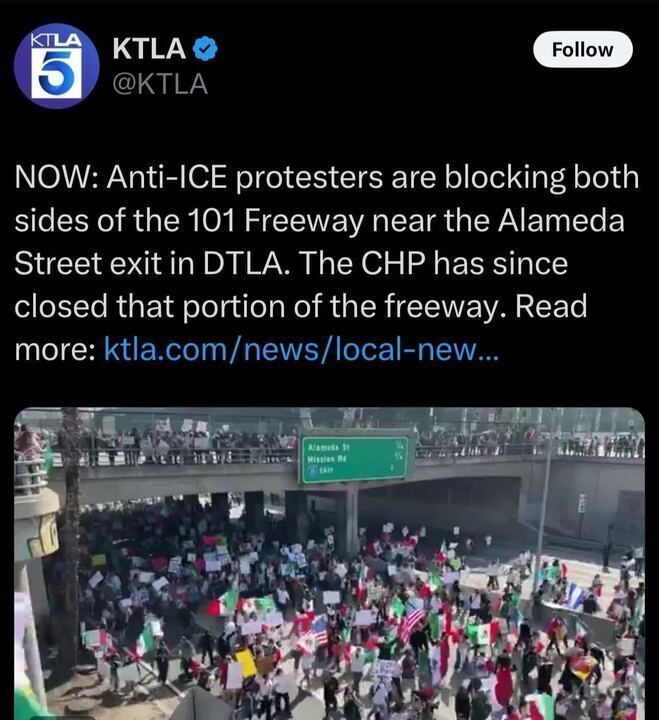 A tweet from KTLA 5 (@KTLA) reads: "NOW: Anti-ICE protesters are blocking both sides of the 101 Freeway near the Alameda Street exit in DTLA. The CHP has since closed that portion of the freeway. Read more: ktla.com/news/local-new...". Below the tweet text, there is an image showing a large group of protesters gathered on and around the 101 Freeway near an overpass with a sign indicating "Alameda St Mission Rd". The protesters are holding various signs and flags, including American flags and Mexican flags, and appear to be blocking the freeway.