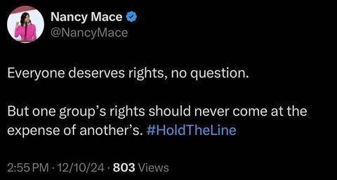 Social media post by Nancy Mace with text about rights.