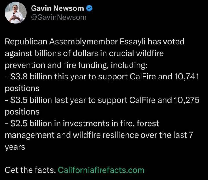 Gavin Newsom's tweet listing wildfire prevention funding opposed by Assemblymember Essayli, including billions allocated to CalFire and forest management.