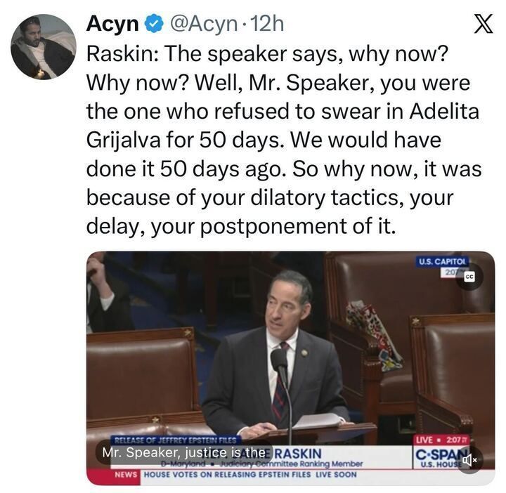 A tweet from “Acyn @Acyn” quotes Raskin criticizing the Speaker for refusing to swear in Adelita Grijalva for 50 days and causing unnecessary delay.
The image shows Raskin speaking at a lectern on the House floor, captured from C-SPAN.