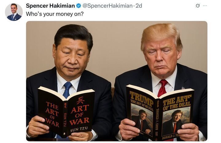 A tweet by Spencer Hakimian (@SpencerHakimian
) posted 2 days ago reads: "Who’s your money on?" The image below shows two individuals sitting side by side, each reading a book. The person on the left is holding "The Art of War" by Sun Tzu, and the person on the right is holding "The Art of the Deal" by Donald J. Trump.
