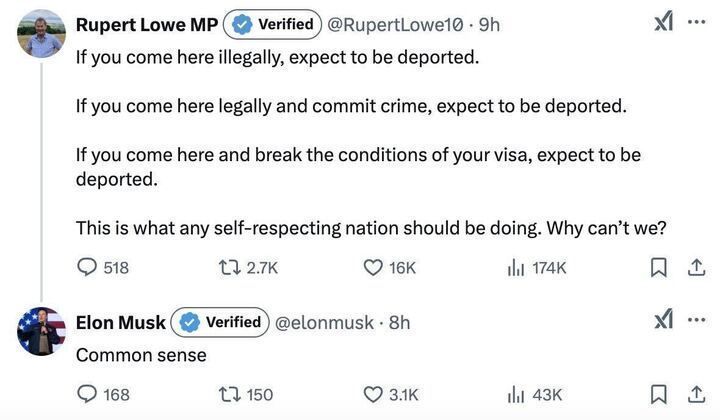 Tweet from Rupert Lowe stating that anyone who enters a country illegally, commits a crime, or violates visa terms should be deported, with Elon Musk responding, 'Common sense.'