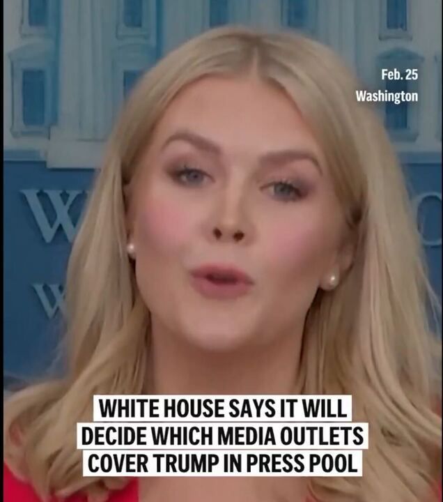 A screenshot of a Karoline Leavitt at the White House press briefing room. The text overlay states: 
