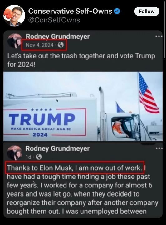 A screenshot of a social media post from a user named Rodney Grundmeyer. The first post, dated November 4, 2024, features an image of a garbage truck with a large 