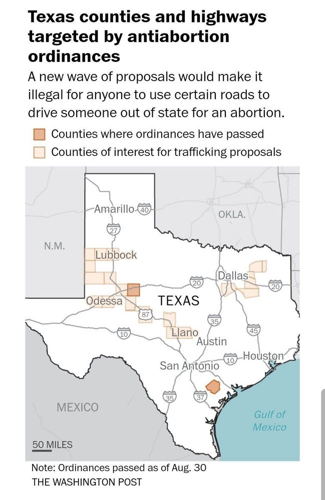 A map of Texas counties and highways targeted by antiabortion ordinances. Counties highlighted in orange are where ordinances have passed. Counties highlighted in yellow are of interest for trafficking proposals. Please note that these ordinances have passed as of Aug. 30. Original photo by The Washington Post.