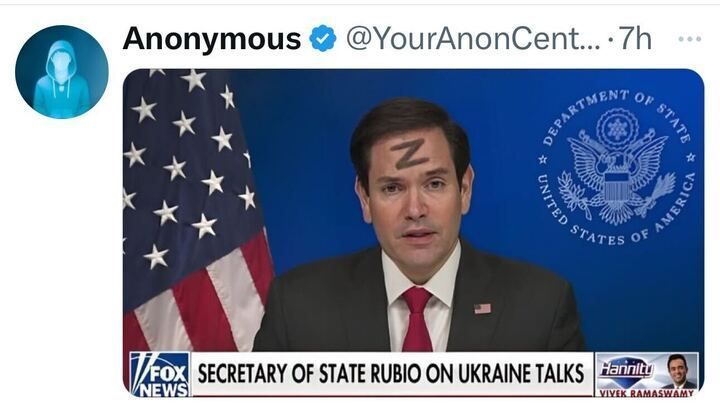 A digitally altered screenshot of a Fox News broadcast shared by the Twitter account "Anonymous" (@YourAnonCenter). The image features Senator Marco Rubio, labeled as "Secretary of State Rubio on Ukraine Talks," with a "Z" symbol edited onto his forehead. The background displays the U.S. Department of State seal, and the lower third of the screen includes the "Hannity" show branding with a small image of Vivek Ramaswamy.
