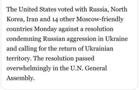 Screenshot of text that reads, "The United States voted with Russia, North Korea, Iran and 14 other Moscow-friendly countries Monday against a resolution condemning Russian aggression in Ukraine and calling for the return of Ukrainian territory. The resolution passed overwhelmingly in the U.N. General Assembly."