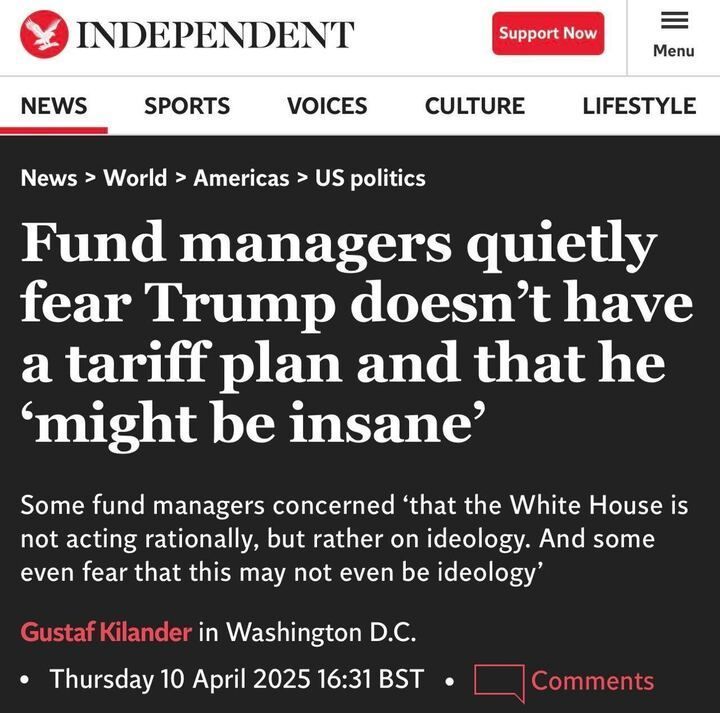 An article from The Independent under the section "News > World > Americas > US politics" with the headline: "Fund managers quietly fear Trump doesn’t have a tariff plan and that he ‘might be insane’." The subheading reads: "Some fund managers concerned ‘that the White House is not acting rationally, but rather on ideology. And some even fear that this may not even be ideology’." The article is authored by Gustaf Kilander in Washington D.C., published on Thursday, 10 April 2025 at 16:31 BST.
