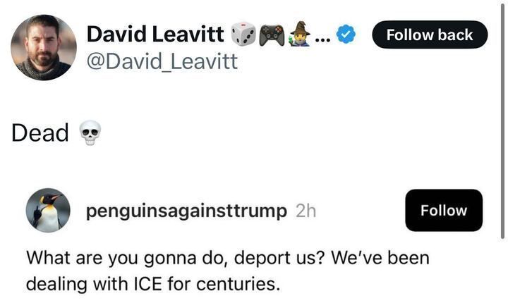The image is a screenshot of a tweet from David Leavitt (@David_Leavitt
), accompanied by dice, game controller, and pirate hat emojis. The tweet reads: "Dead ". Below the tweet, there is a nested tweet from penguinsagainsttrump, posted 2 hours ago, which says: "What are you gonna do, deport us? We’ve been dealing with ICE for centuries." The nested tweet includes a profile picture of a penguin on the left. 
