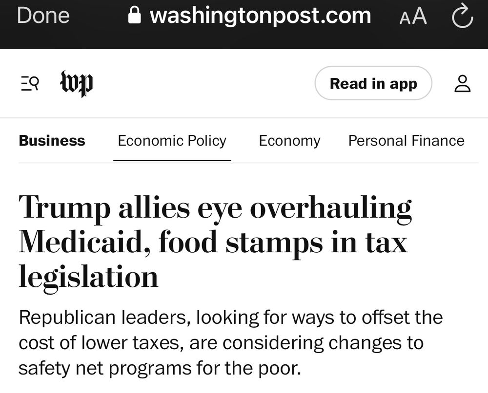 Washington Post headline:

Trump allies eye overhauling Medicaid, food stamps in tax legislation

Republican leaders, looking for ways to offset the cost of lower taxes, are considering changes to safety net programs for the poor.