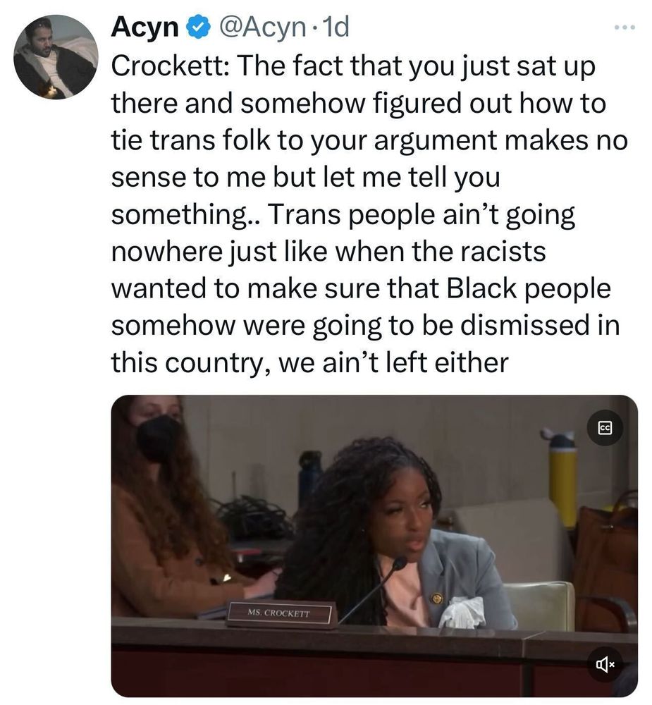 Tweet by Acyn featuring a quote from Crockett addressing the connection between trans rights and racism, emphasizing resilience. Below is an image of Crockett speaking into a microphone during a formal proceeding.