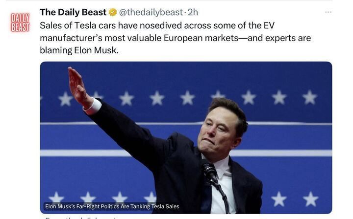 A tweet from The Daily Beast with the headline: 'Sales of Tesla cars have nosedived across some of the EV manufacturer’s most valuable European markets—and experts are blaming Elon Musk.' Below the headline, there is an image of a person standing in front of a blue background with white stars, raising their right arm. The caption of the image reads: 'Elon Musk’s Far-Right Politics Are Tanking Tesla Sales.'