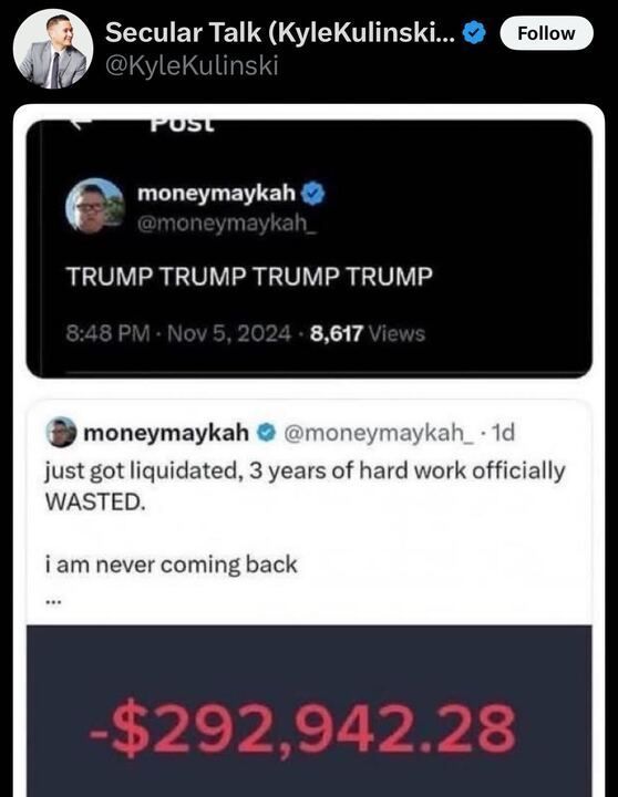 Tweet showing a user who enthusiastically supported Trump on November 5, 2024, later posting they lost nearly $293,000 and declaring their hard work was wasted.