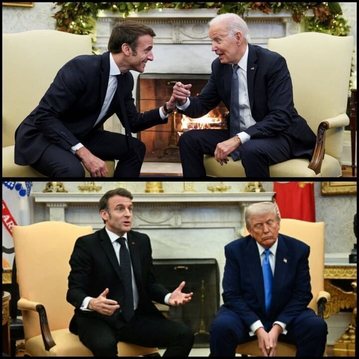 A two-part image comparing meetings in the White House. Top Image: French President Emmanuel Macron and U.S. President Joe Biden sit in yellow armchairs by a fireplace, decorated with festive greenery and lights. Macron leans forward, smiling and gesturing with his hand, while Biden sits back, also smiling, in a suit and tie. Bottom Image: The same setting with Emmanuel Macron gesturing animatedly with both hands, speaking to Donald Trump, who sits with a stern expression, hands resting on his lap, wearing a blue suit and tie. American and French flags are visible in the background. 