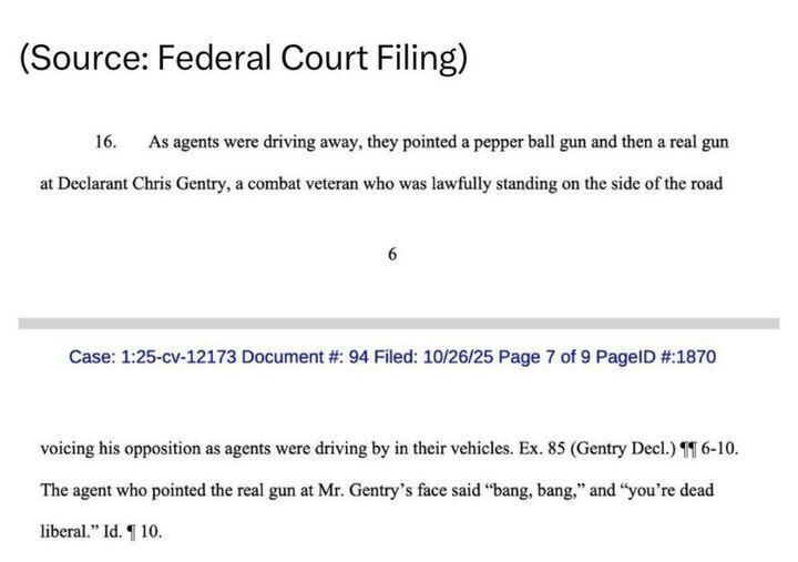 A screenshot from a federal court document shows paragraph 16 describing an incident in which agents pointed both a pepper ball gun and a real gun at Chris Gentry, a combat veteran, as he stood lawfully by the road voicing opposition. The document includes a citation noting that one agent pointed the real gun at Gentry’s face and said, “bang, bang,” and “you’re dead liberal.” The header indicates it’s from case number 1:25-cv-12173, filed on October 26, 2025.