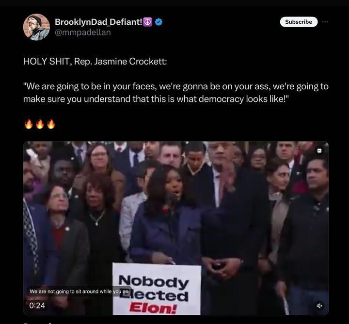 A tweet from the user "BrooklynDad_Defiant!" with the handle "@mmmpadellan
". The tweet reads: "HOLY SHIT, Rep. Jasmine Crockett: 'We are going to be in your faces, we're gonna be on your ass, we're going to make sure you understand that this is what democracy looks like!'". Below the tweet text, there are three flame emojis.
The embedded video shows Rep. Jasmine Crockett speaking at a public event. She is standing at a podium with a microphone, surrounded by a crowd. In the foreground, there is a sign that reads "Nobody Elected Elon!" with the subtitle "We are not going to sit around while you go".
