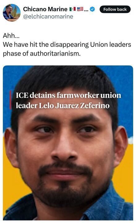 The image is a screenshot of a post on X by a user named Chicano Marine (@elchicanomarine
), with Mexican and U.S. flag emojis. The post reads: "Ahh… WE have hit the disappearing Union leaders phase of authoritarianism." Below this, there is an image with the text: "ICE detains farmworker union leader Lelo Juarez Zeferino." The image shows a person in a denim shirt against a background split between blue and yellow colors. 