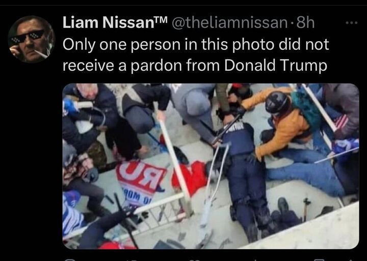 A tweet reads, "Only one person in this photo did not receive a pardon from Donald Trump," above an image showing a chaotic scene of people on the ground, including one in an orange jacket, surrounded by scattered objects. The focus is on the central group of individuals in the struggle.