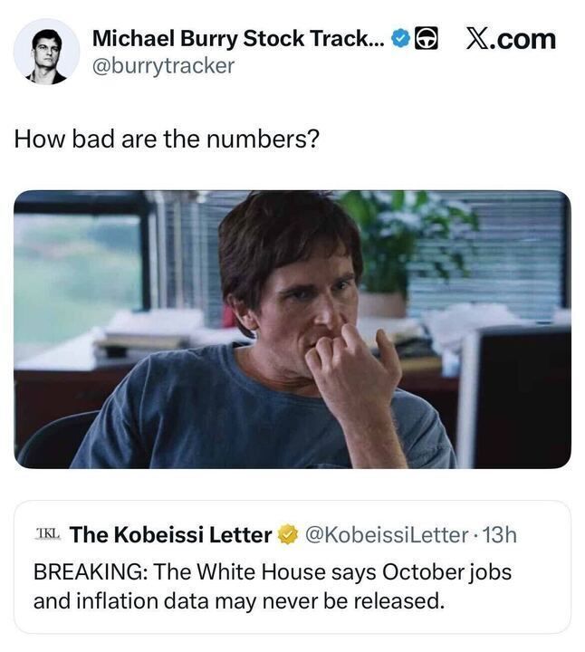A tweet from Michael Burry Stock Tracker (@burrytracker) reads:
“How bad are the numbers?”
It quotes The Kobeissi Letter (@KobeissiLetter):
“BREAKING: The White House says October jobs and inflation data may never be released.”
Below is an image of actor Christian Bale as Michael Burry from The Big Short, sitting at a desk and biting his nails.