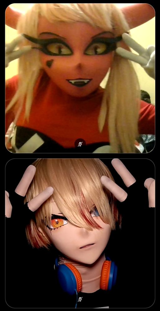 Verosika and Mirushi giving peace signs to each other