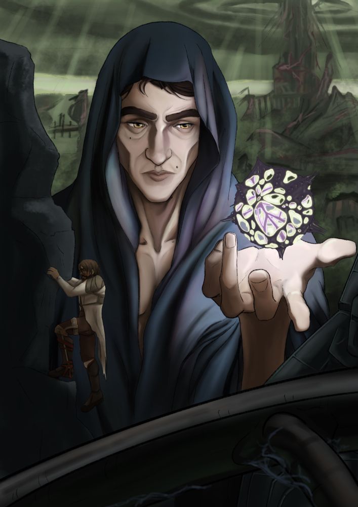 A digital painting with a human Viktor larger than life in the center, shrouded in the blue Jayce blanket. He is lit by a glowing anomaly held in his out stretched hand. In the foreground we see Jayce pulling himself out of the ravine, wet and exhausted. In the background is the ruined piltover green and hazy.Viktor’s expression is tired, but focused on the anomaly. 