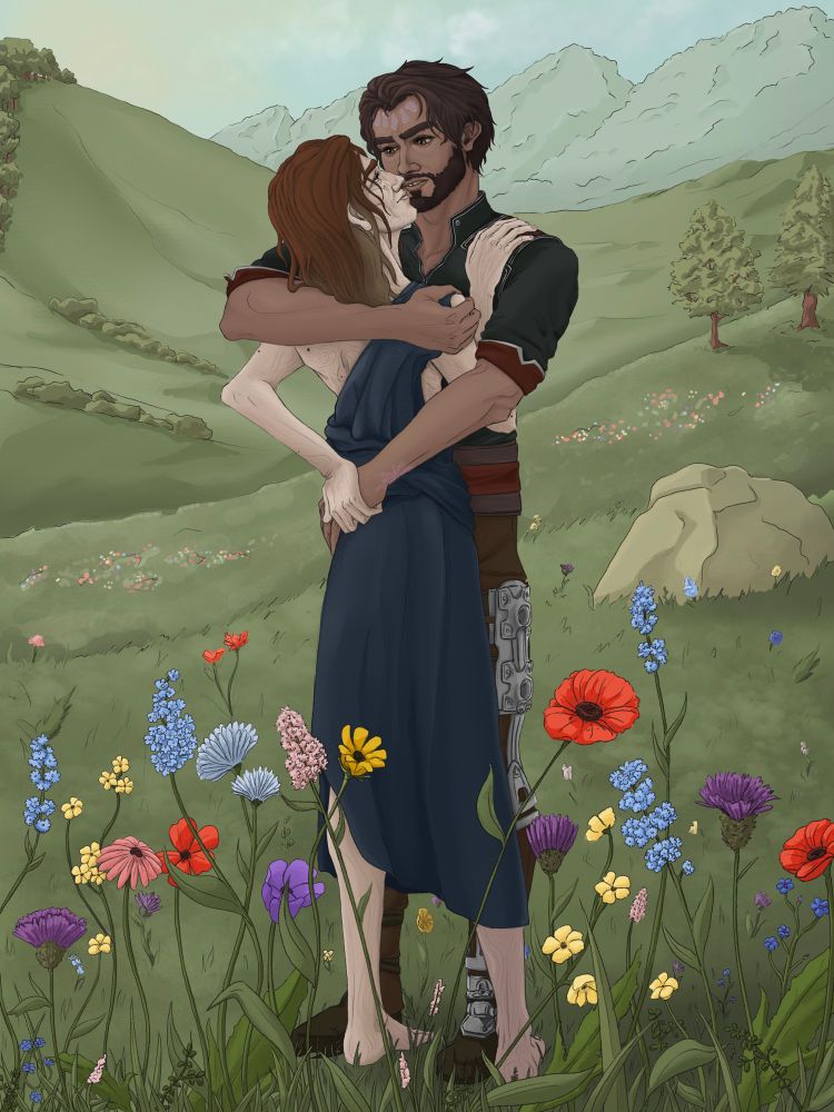 Jayce and Viktor after the events of the show, holding each other in a flower field.