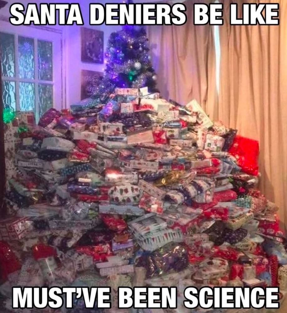 Huge pile of presents around a tree.

Santa deniers be like: “Must’ve been science”