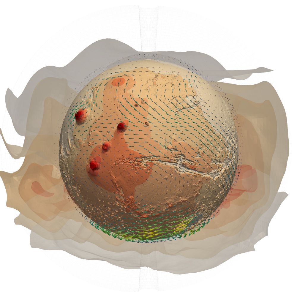 3D visualisation of dust and wind currents in the atmosphere of Mars as simulated by the UK Met Office Unified Model. Image credit: Danny McCulloch (U. Exeter).