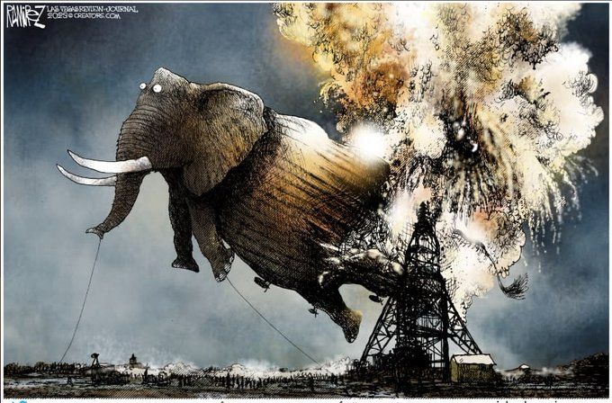 Cartoon shouwing the Hidenberg airship tradjedy but with the airship replaced by an elephant