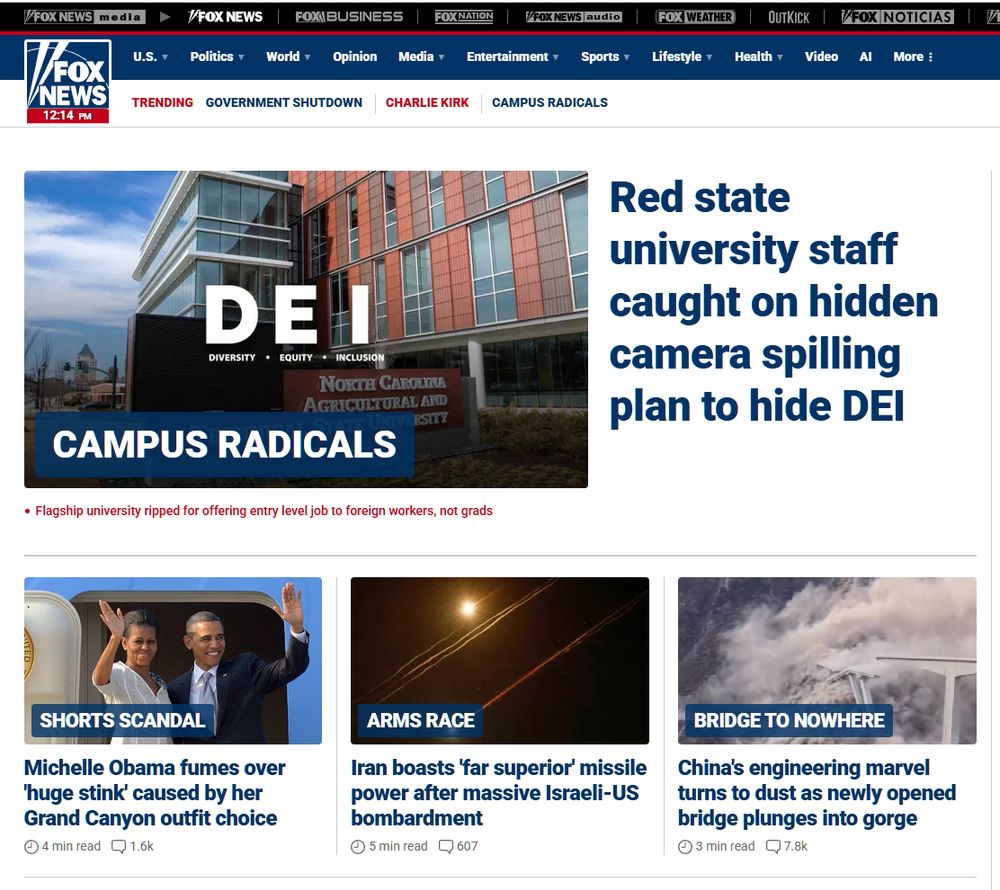 screen shot of fox news site showing their top story is about DEI at a usinversity