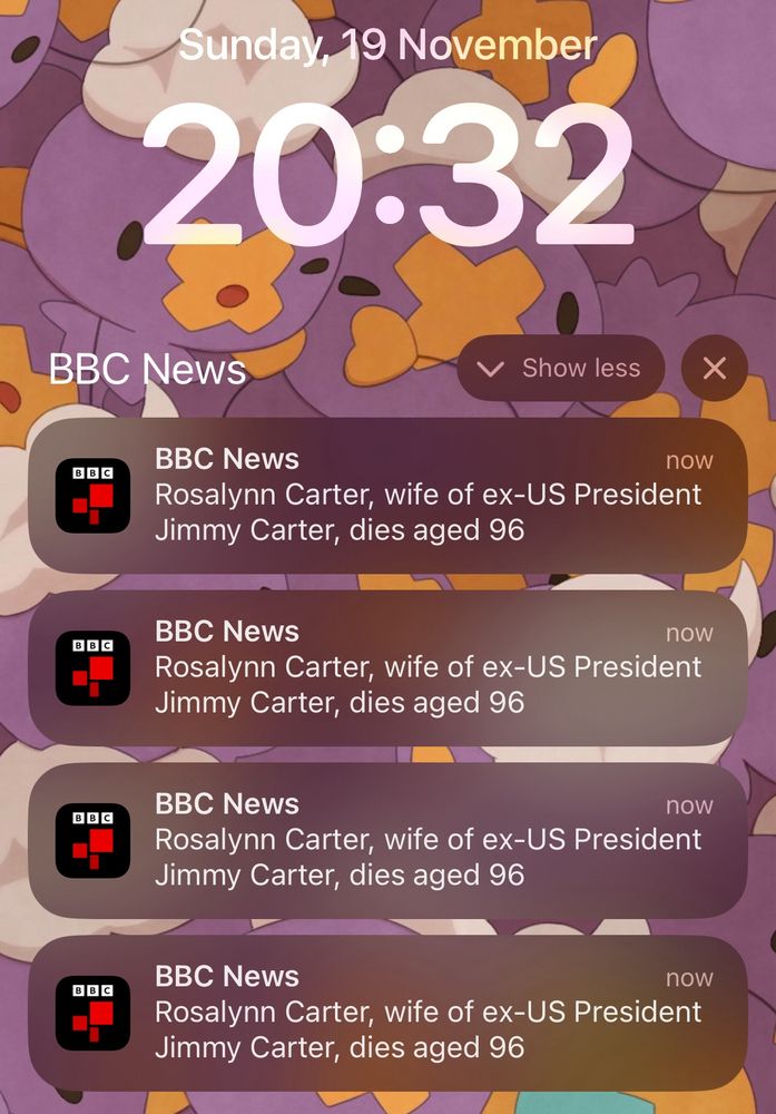 Screenshot of a BBC News Breaking alert, announcing the death of Rosalynn Carter, followed by a Screenshot of a BBC News Breaking alert, announcing the death of Rosalynn Carter, followed by a Screenshot of a BBC News Breaking alert, announcing the death of Rosalynn Carter, followed by a Screenshot of a BBC News Breaking alert, announcing the death of Rosalynn Carter