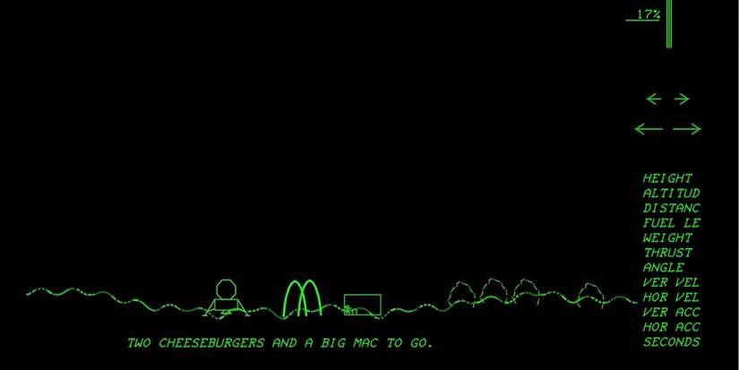 Green on black line graphics depict a LEM on the moon, next to a McDonald's sign. A caption says: TWO CHEESEBURGERS AND A BIG MAC TO GO.