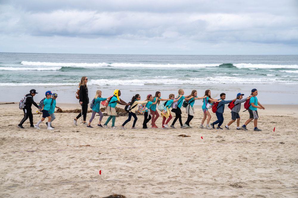 A line of kids walks along the surf with their teacher