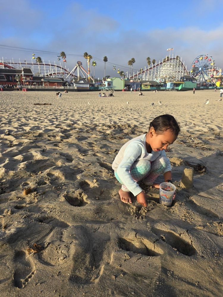 little girl playing in the sand at Santa Cruz beach, with the boardwalk roller coaster and Ferris wheel in the background, taken by father Curry Forrer 